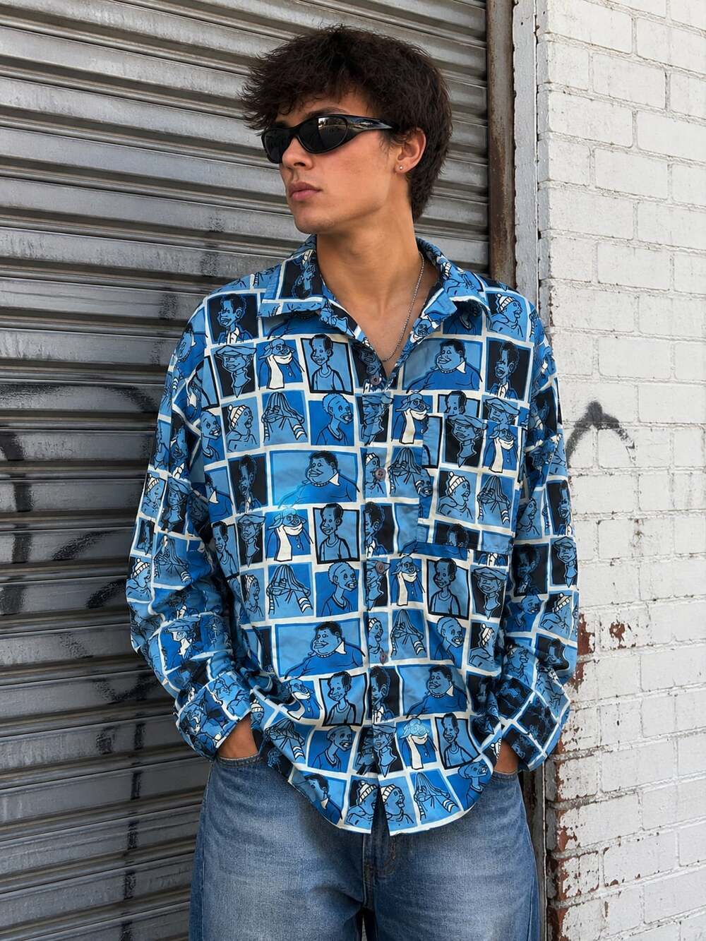 Vintage Platinum FUBU Fat Albert Cartoon Print Button Up Shirt Y2K L